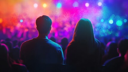Young lovers watching a live concert, faces glowing from stage lights 