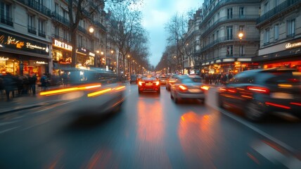 Naklejka premium Dynamic Cityscape with Blurred Motion Traffic on Wet Asphalt Road Under Overcast Sky Capturing Urban Transportation Theme