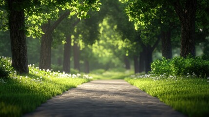 Walking Path Through Green Park with Lush Trees and Flowers