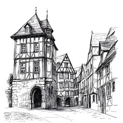 Ink sketch of a quaint European street with medieval timber-framed houses.