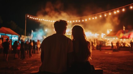 Couple lost in each other's eyes as music plays at a night concert 