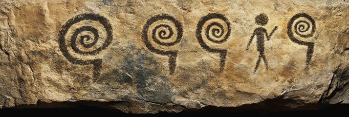 Rock art showing spirals and a human figure on a textured surface.