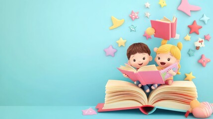 Children Reading Books Together on a Large Book with Stars Around
