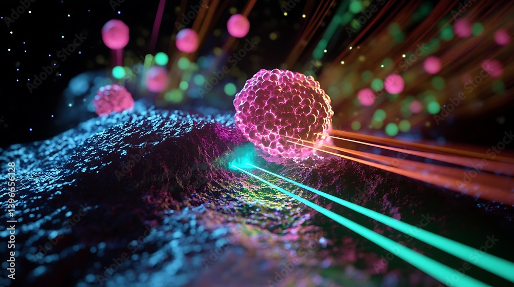 Poster vibrant abstract representation of cellular activity with colorful particles and light rays