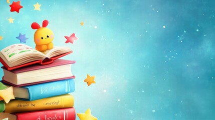 Cute Plush Reading Book on Stack of Colorful Books with Stars