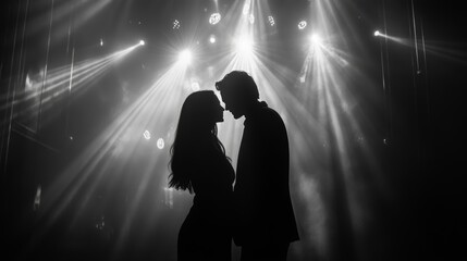 Couple captured in silhouette against the concert stage lights 