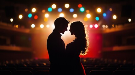 Couple captured in silhouette against the concert stage lights 