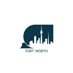 Obraz premium Fort Worth vector icon with skyline, panoramic view, city shape. USA, Texas state landmarks logo concept. Blue flat isolated graphic, badge