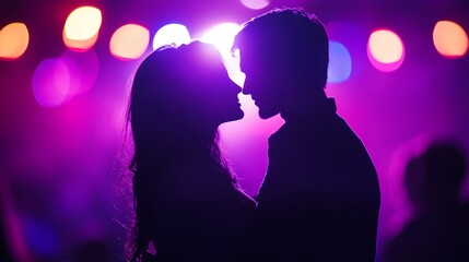 Couple swaying under purple lights during a love song at a concert 