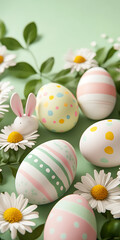 Easter Eggs with Bunny Ears and Daisies on Mint Green Background,vertical Easter eggs in pastel shades and bunny ears arranged,Pastel Easter Eggs,Festive Easter,green surface,Easter eggs and playful