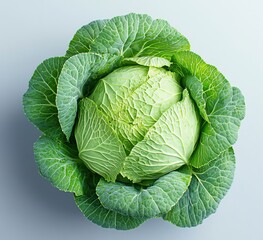 Fototapeta premium Fresh Green Cabbage Close-up with Textured Leaves on Plain Background