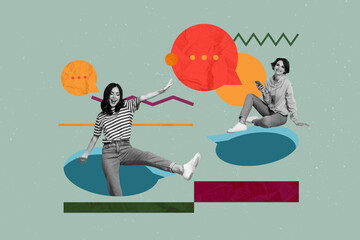 Composite trendy magazine photo collage of two happy girl hold phone bubble communication speech...