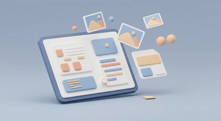Digital Interface Design: 3D Render of Modern UI and UX Elements with Floating Images and Spheres