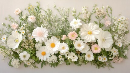 Elegant Floral Arrangement Featuring White and Pink Blooms with Lush Greenery Against a Soft White Background for a Fresh Botanical Style
