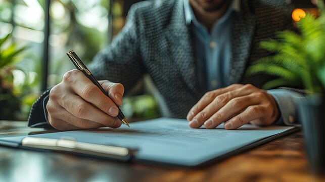 Man signing contract business agreement legal document with pen on desk in office professional setting
