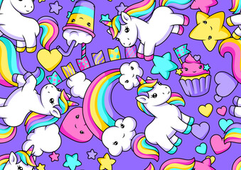 Pattern with unicorns. Happy birthday party background.
