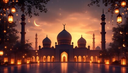 Mosque at Dusk with Crescent Moon and Glowing Lanterns