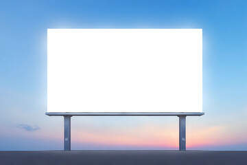 Obraz premium Blank white billboard on blue sky background at evening, perspective view. Mockup. Advertising concept.