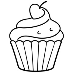 Charming Cupcake with Heart Swirl Line Art