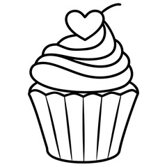 Charming Cupcake with Heart Swirl Line Art