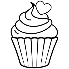 Charming Cupcake with Heart Swirl Line Art