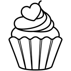 Charming Cupcake with Heart Swirl Line Art