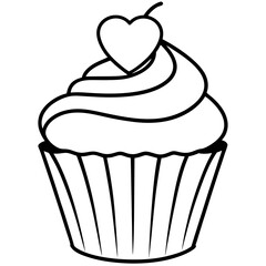 Charming Cupcake with Heart Swirl Line Art