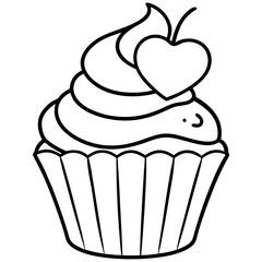 Charming Cupcake with Heart Swirl Line Art