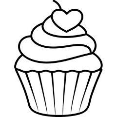 Charming Cupcake with Heart Swirl Line Art