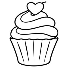 Charming Cupcake with Heart Swirl Line Art