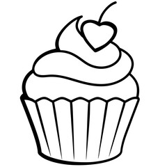 Charming Cupcake with Heart Swirl Line Art