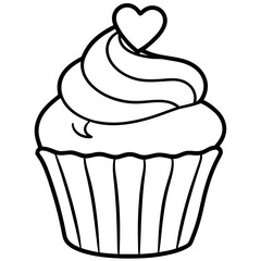 Charming Cupcake with Heart Swirl Line Art