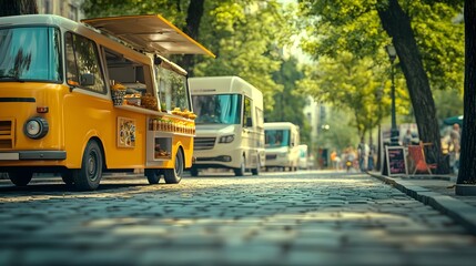 Obraz premium Colorful Food Truck Scene on Vibrant City Street with Vehicles