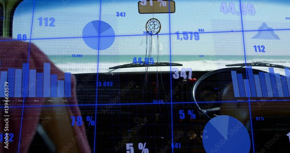 Poster Data visualization animation over car dashboard with ocean view in background