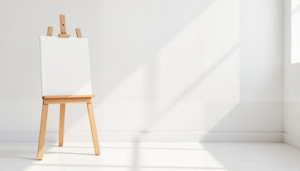 Blank canvas on wooden easel in minimalist studio, artistic inspiration