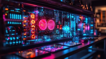 Obraz premium A quantum computer glowing with intricate circuits, displaying complex data patterns on multiple screens