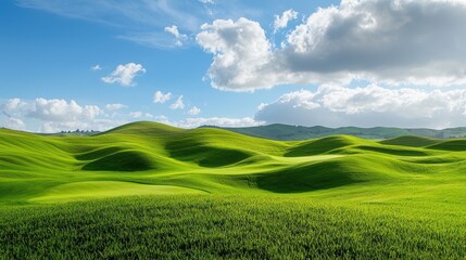 Fototapeta premium A golf course with rolling green hills under a bright blue sky.