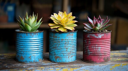 Rustic Upcycled Tin Can Planters with Succulent Plants in Realistic Photography Setting