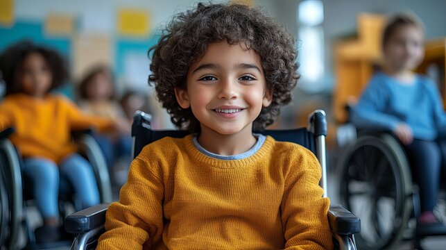 Inclusive education smiling child in wheelchair special needs classroom accessibility and diversity in school