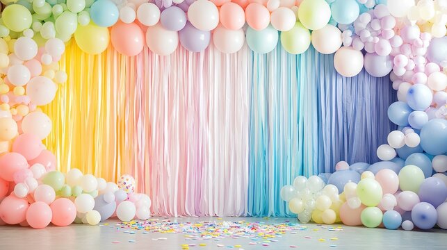A festive birthday backdrop with a rainbow of balloons and streamers, ideal for kids parties.