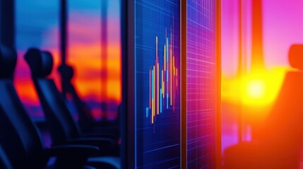 Modern office with data visualization screens at sunset, showcasing a vibrant skyline