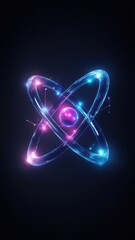 A highly detailed depiction of an atomic structure, glowing in vibrant shades of blue and purple