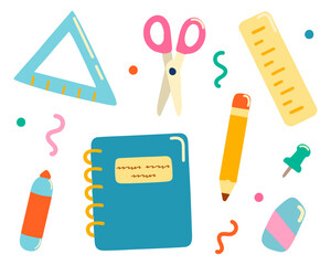 Colorful school stationery set in trendy flat style. Includes notebook, ruler, pencil, scissors,eraser and pushpin isolated on white background. Hand drawn back to school collection.