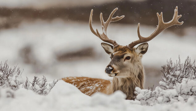 majestic stag with large snow dusted antlers rests in snowy landscape
