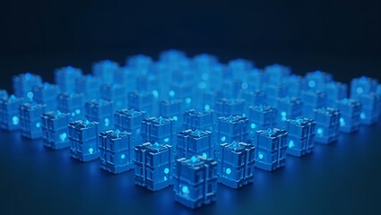 Obraz premium 3D render of a large number of very small blue cubes arranged in a grid pattern glowing with a soft blue light
