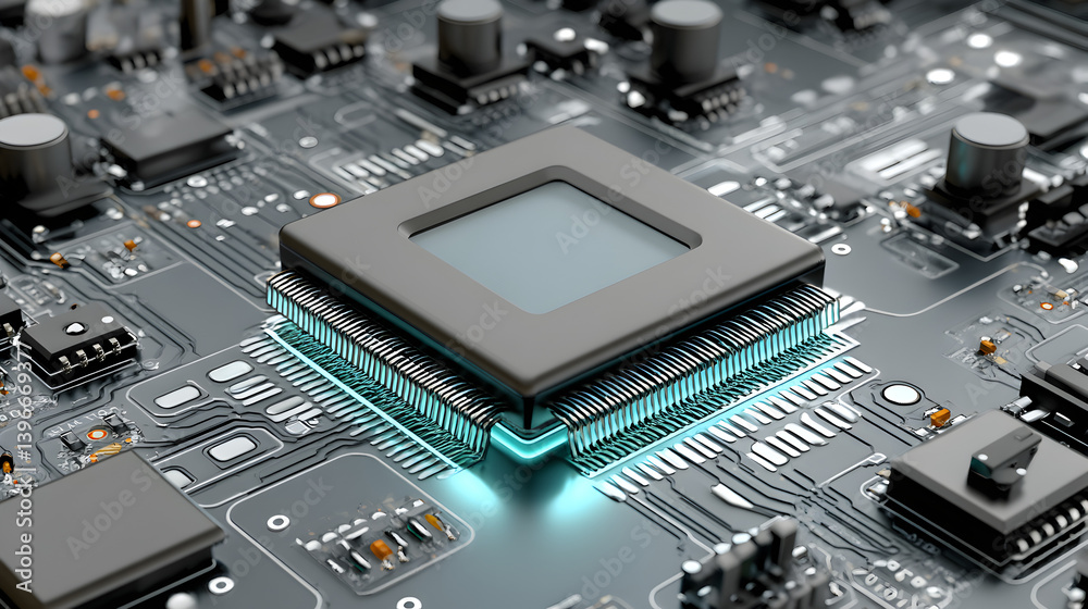 Poster high-detail microprocessor on a complex circuit board with illuminated elements and advanced electro
