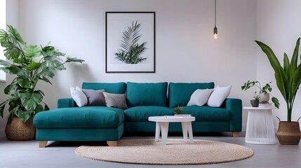 Modern Living Room with Green Sofa and Framed Nature Poster