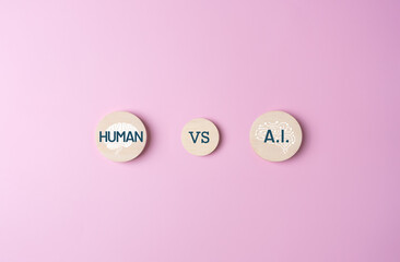 Comparison between Human brain and A.I. icons on wooden discs. Human intelligence versus artificial...