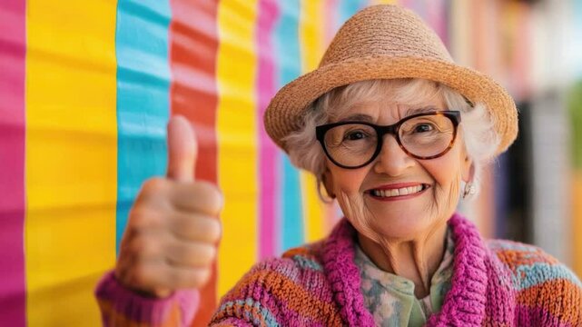 The older woman smiles brightly and gives a thumbs up, radiating joy and positivity in a vibrant setting. Her colorful sweater and hat complement the lively background of stripes