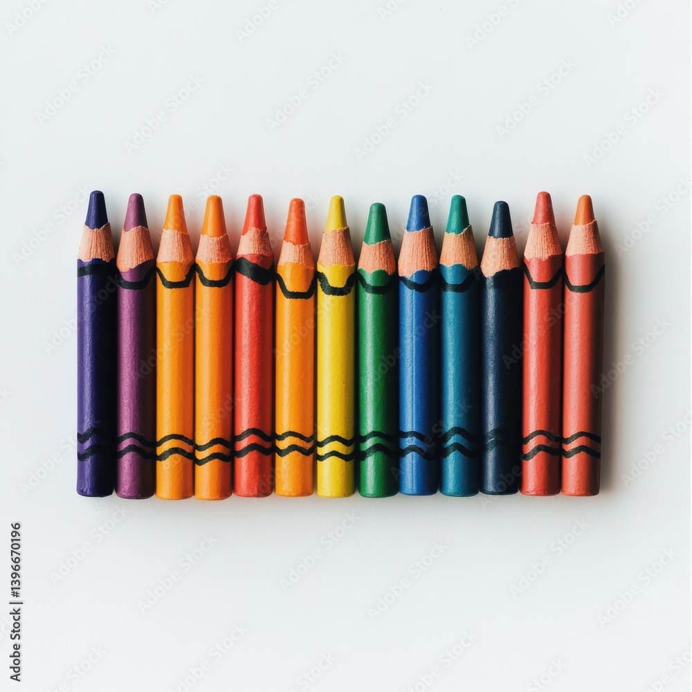 Poster Vibrant spectrum of colorful crayons neatly arranged on a white surface, creating a bright and appealing composition